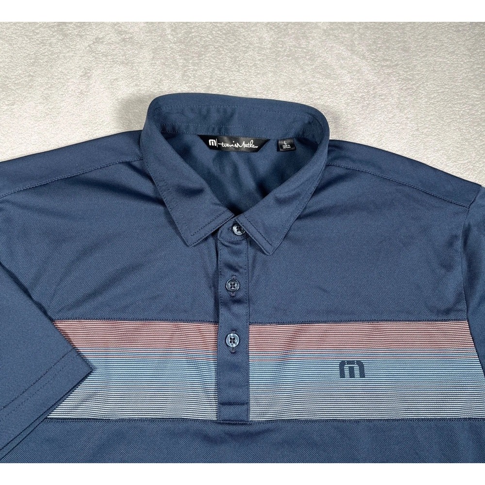 TravisMathew Mens Large Golf Polo Shirt Blue Chest Stripe Stretch Short Sleeve